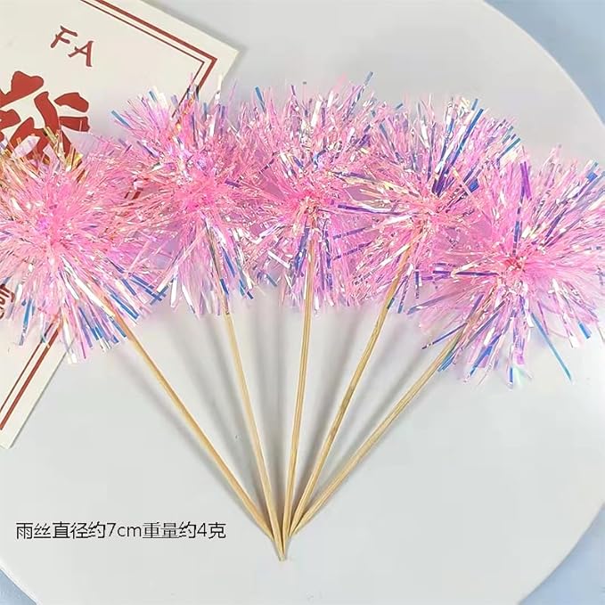 Gyufise 30Pcs Foil Firework Cupcake Toppers Sparkle Tinsel Cake Toppers Tinsel Drink Cake Decoration Cocktail Picks for Birthday Wedding Graduation Party Supplies Laser Pink