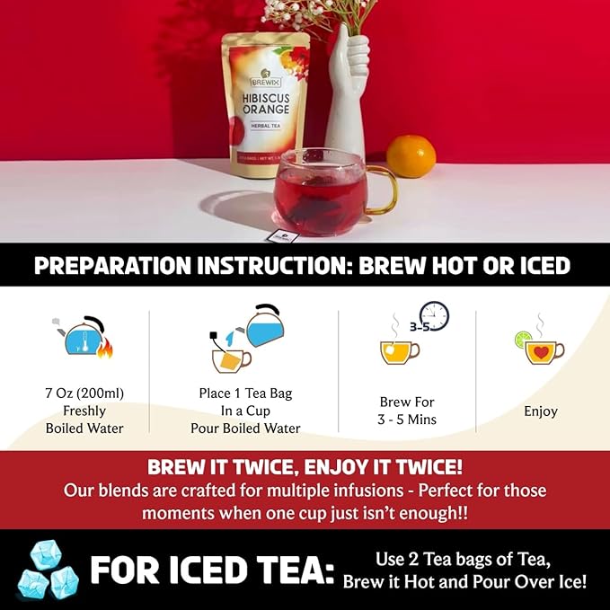BREWIX, Hibiscus Orange Tea Bags (25 Plant Based Tea Bags) Caffeine-Free, Made with Real - Hibiscus Flowers, Rosehip, Orange Peel, Raspberry Leaf | Contains Antioxidants & Support Overall Health