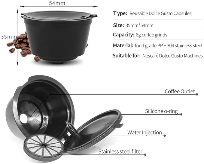BRBHOM 6 Refillable D*lce Gu*to Coffee Capsule,Reusable D*lce Gu*to Coffee Filter with Coffee Spoon,Brush (6Pcs Black)