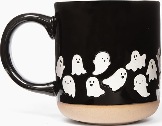 Sweet Water Decor White Ghosts Black Halloween Mugs - Halloween Coffee Mug Dishwasher & Microwave Safe - Fall Mug for Coffee & Hot Cocoa or Seasonal Brew - Black Stoneware Ghost Mugs