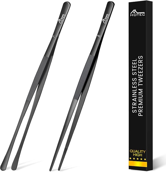 HOTEC Kitchen Tweezers Tongs Stainless Steel Professional Chef Tweezers, Set of 2-12inch Extra-Long Food Tongs for Cooking,Grill and Baking