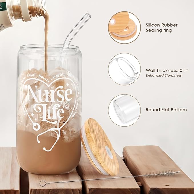 SANDJEST Nurse Life Glass Can Cup with Lid & Straw, Iced Coffee Aesthetic Cups, Idea Gift for Christmas Birthday Mother Day Nurse Week, Gifts for Women Friends, 16oz