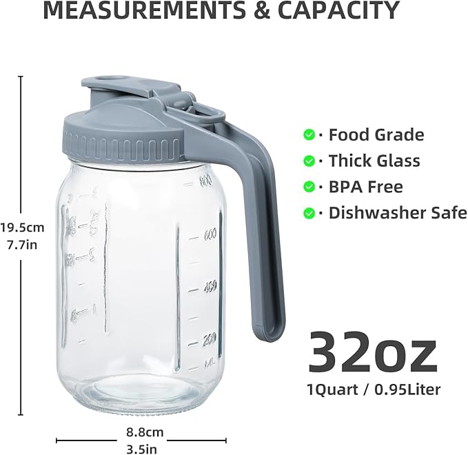 Glass Mason Jar Pitcher with Pour Spout Handle Lid, Breast Milk Pitcher Jug for Ice Tea, Cold Brew Coffee, Fridge Water, Juices, Leak Proof Storage Container (32oz 2Pack)