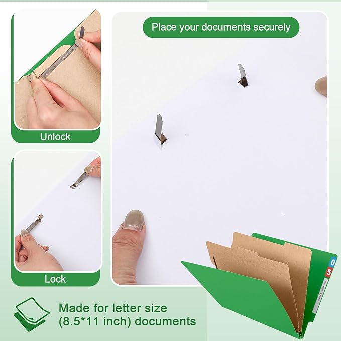24 Pcs Classification Folders Letter Size, Back to School Supply for Teacher, Student, 2 Dividers Pressboard File Folder Bulk with Fasteners, 3.5 Inch Expanding File Organizer(Green)