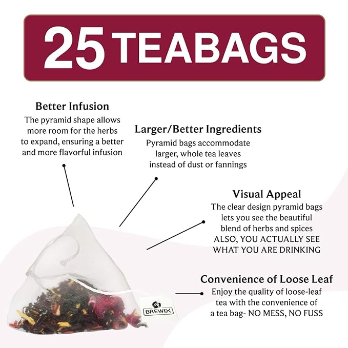 BREWIX, Hibiscus Lychee Tea Bags (25 Plant Based Tea Bags) Caffeine-Free, Made with Real - Hibiscus Flowers, Black Tea, Rosehip, Apple, Licorice, Rose | Contains Antioxidants & Support Overall Health