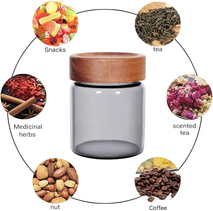 SAIOOL 3 Packs grey Glass Food Storage Jars with Screw Airtight Seal Acacia Wood Lids,Spice Jars with Lids, Organization for Jars Bottles Containers Travel Gear, Sugar, Salt,Coffee, cookies,spices