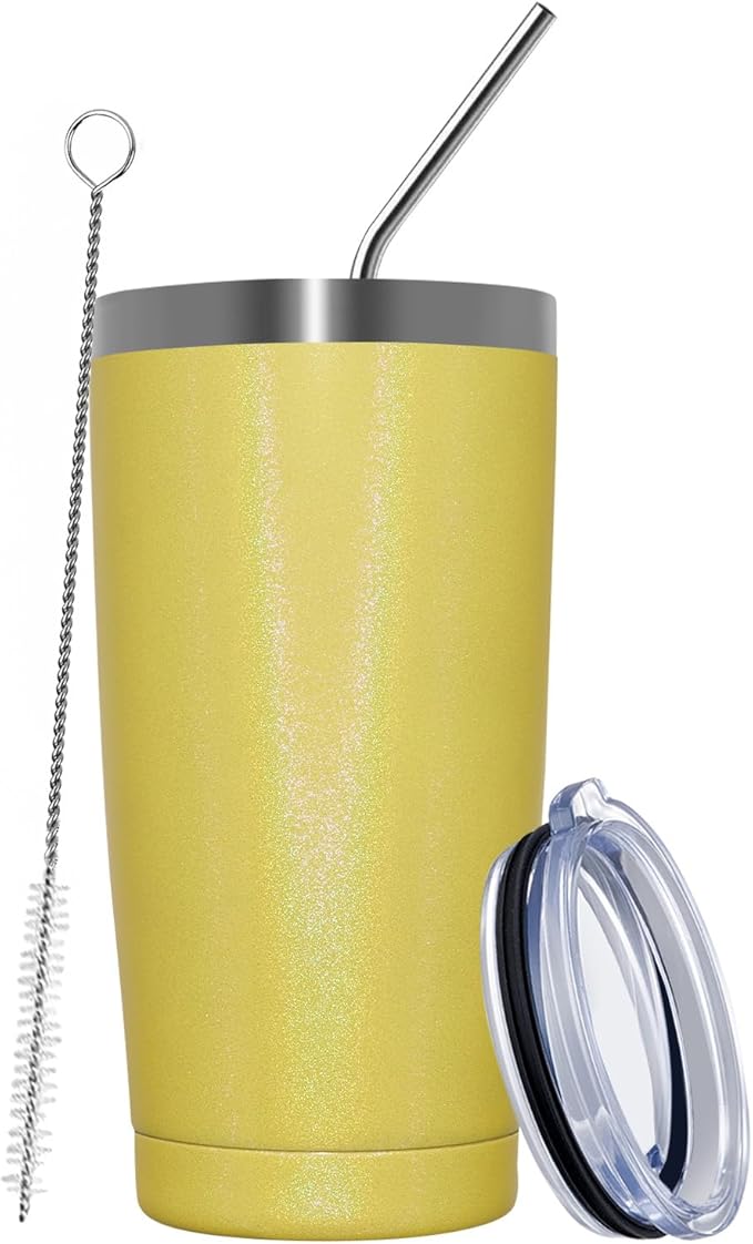 MEWAY 20oz Tumbler Double Wall Vacuum Insulated Travel Glitter Mug,Stainless Steel Tumblers with Lid and Straw, Powder Coated Coffee Cups for Woman (Rainbow Yellow,1)