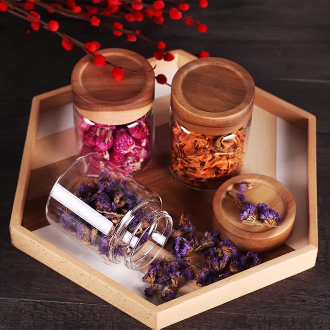 SAIOOL 3 Packs Glass Food Storage Jars with Screw Airtight Seal Acacia Wood Lids,Spice Jars with Lids, Organization for Jars Bottles Containers Travel Gear, Sugar, Salt,Coffee, cookies,spices