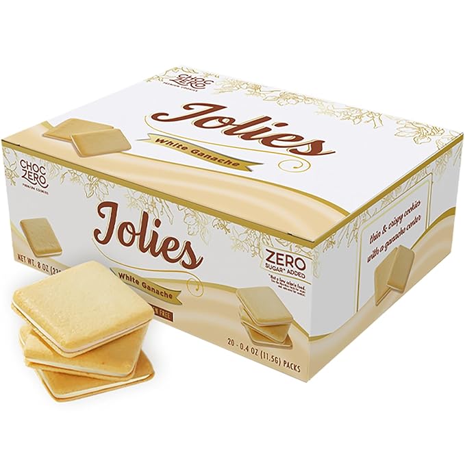 ChocZero Chocolate Cookies, White Chocolate Jolies, Gluten Free, No Added Sugar, 20 Crispy Chocolate Filled Keto Cookies Per Box, 8 Ounce (Pack of 1)