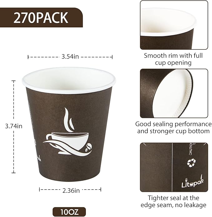 LITOPAK 270 Pack 10 oz Paper Cups, Brown Disposable Hot Coffee Cups for Party, Picnic, Travel, and Events