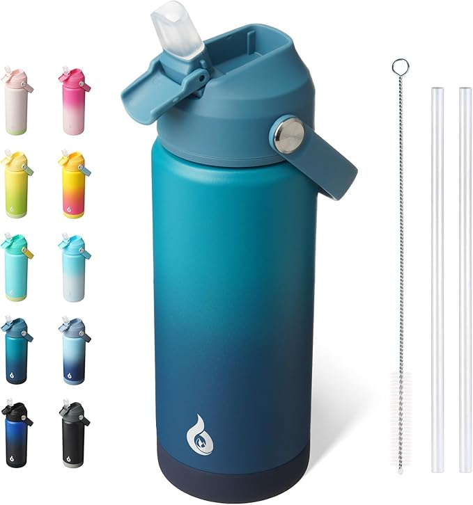 BJPKPK Insulated Water Bottle with Straw Lid, 18oz Thermos Water Bottles with Soft Nozzle, Flex Handle & Non-slip Boot, BPA Free Leak Proof Stainless Steel Metal Thermos, Tumblers, Cups,Vast