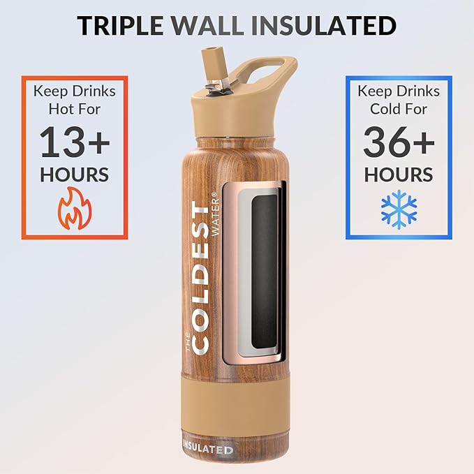 Coldest Insulated Water Bottle with Straw Lid - Stainless Steel Metal Insulated Bottle for Men & Women (Executive Wood, 40 oz)