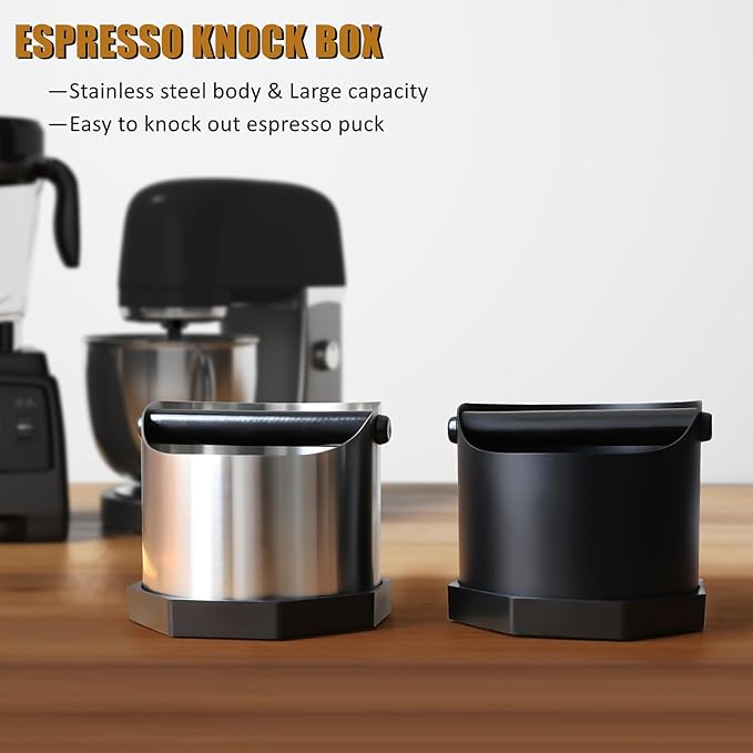 Coffee Knock Box, Large Capacity Espresso Knock Box with Non-Slip Base, Coffee Measuring Cup,Coffee Puck Knock Box Stainless Steel for Espresso Machine Coffee Grounds (Silver)