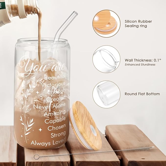 SANDJEST Inspiration Glass Can, Positive Motivational Cup with Lid & Straw, Iced Coffee Aesthetic Cups, Idea Gift for Christmas Birthday Mother Day, Gifts for Women, 16oz