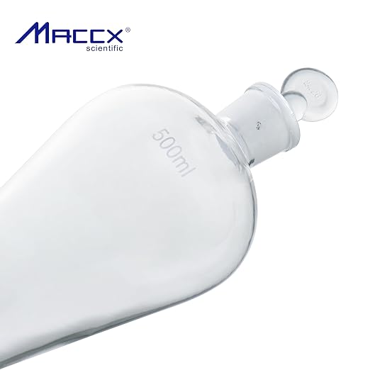 Conical Separatory Funnel with Pear Shape, Vol.500ml, 3.3 Borosilicate Glass Material, Ground-in Glass Stopper and Stopcock, SFG500-001