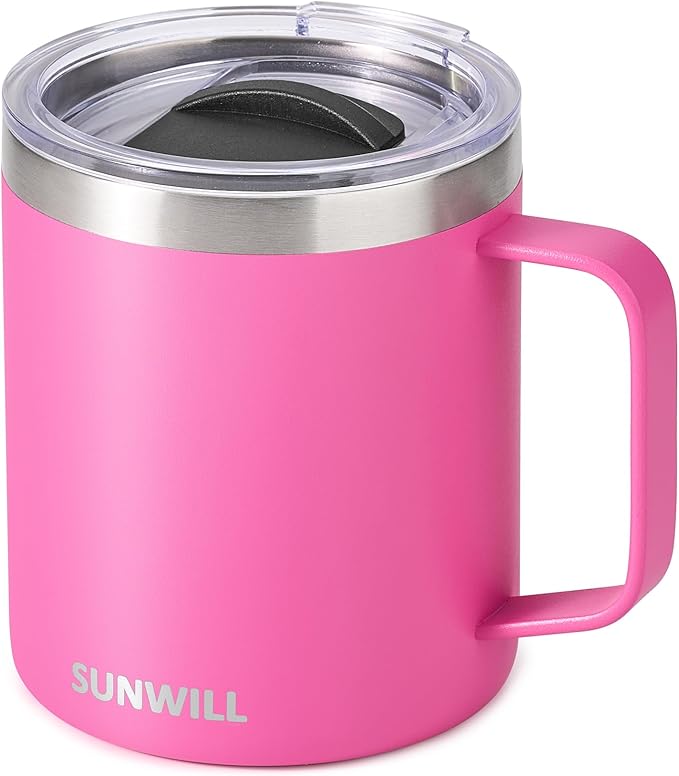 SUNWILL Insulated Coffee Mug with Lid, Travel Tumbler with Handle, 14 oz Stainless Steel Cup for Home, Office, Camping, Powder Coated Magenta