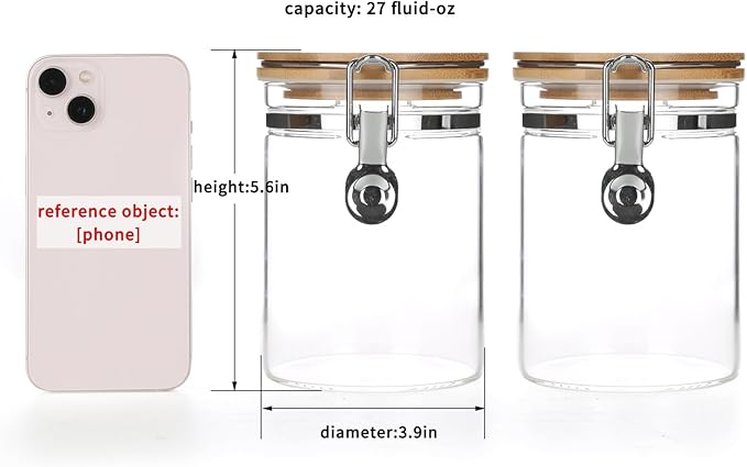 KKC HOME ACCENTS Borosilicate Glass Sealed Jars with Airtight Lid, Airtight Glass Food Storage Container with Locking Clamp Bamboo Lid for Loose Tea,Sugar,Cocoa,Coffee Canister,27 fl oz