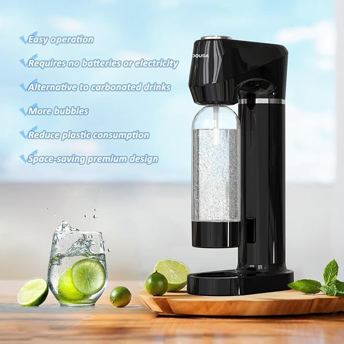 Sparkling Water Maker for Home, Soda Streaming Maker with 2 BPA free Bottles(1L + 0.5L) Carbonated Water Seltzer Fizzy Drink Machine, Compatible with Screw-in 60L CO2 Carbonator(NOT Included) (Black)