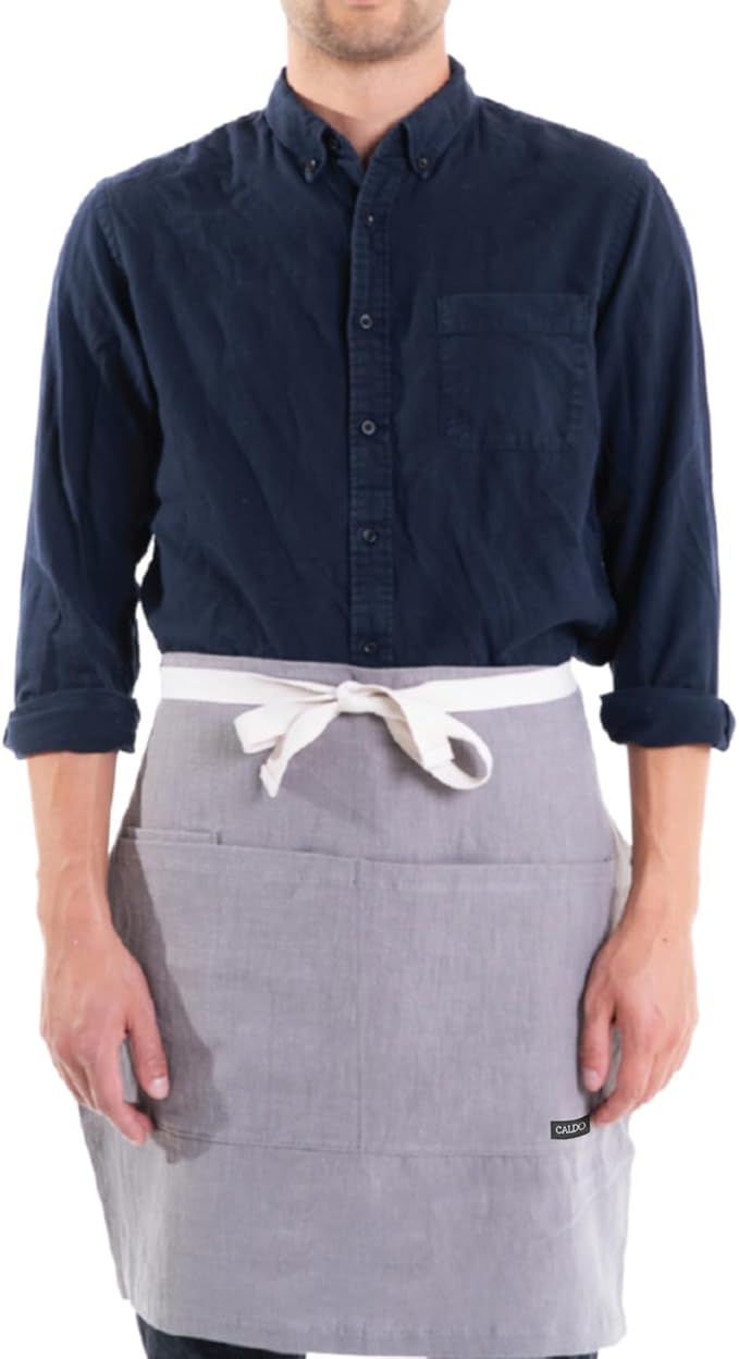 Caldo Linen Bistro Cafe Apron - Professional Grade with Pockets, Half Kitchen Apron, Mid Length 23 x 23, 40 Inch Waist Ties - Durable Unisex Uniform- Server or Chef (Grey)