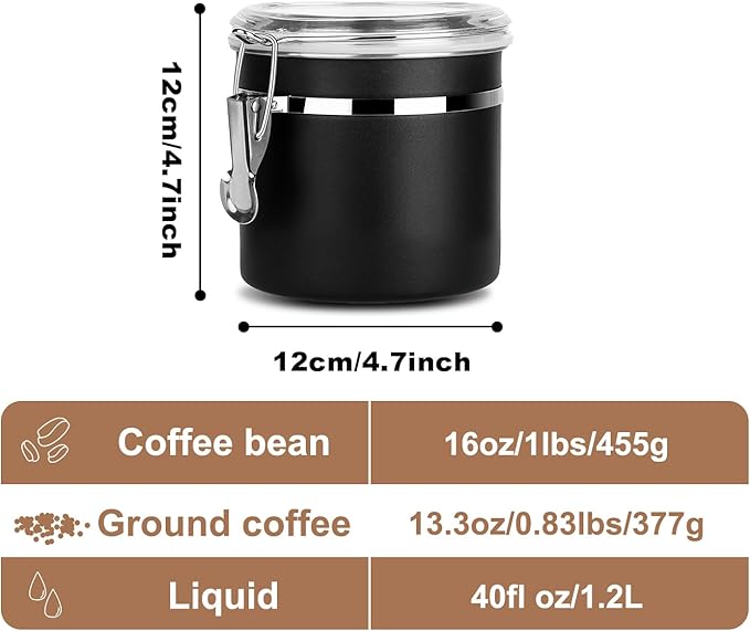 Stainless Steel Food Container with Clear Lids Airtight Storage Container Stackable Small Canisters Kitchen Pantry Storage for Cereal, Snacks, Candy, Herbs, Spices, Sugar, Tea (1.2L Black)