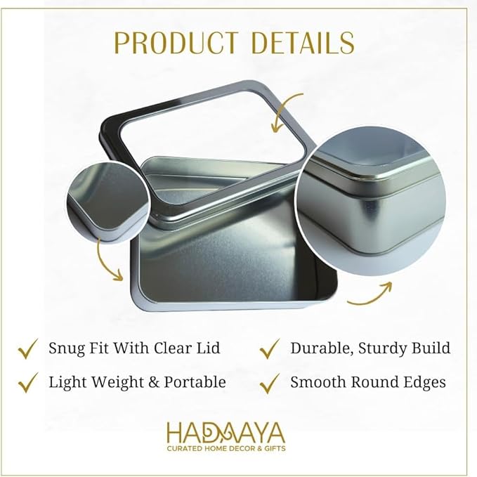Pack of 2 Silver Rectangular Tin Container With Clear Lid, Multipurpose Tin Box, Festive Tin Box for Gift Giving, Cookies, Stationery & More - 7.25 x 5.25 x 2.25 Inches
