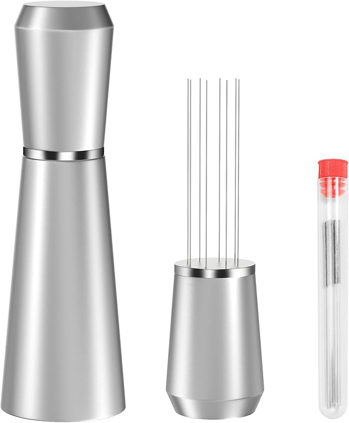 WDT Espresso Distribution Tool, 0.35mm 8 Needle Coffee Stirrer with 8 Extra Needles, 304 Stainless Steel, Aluminum Alloy Handle with Stand, Barista Espresso Whisk Tool (Metal Silver)