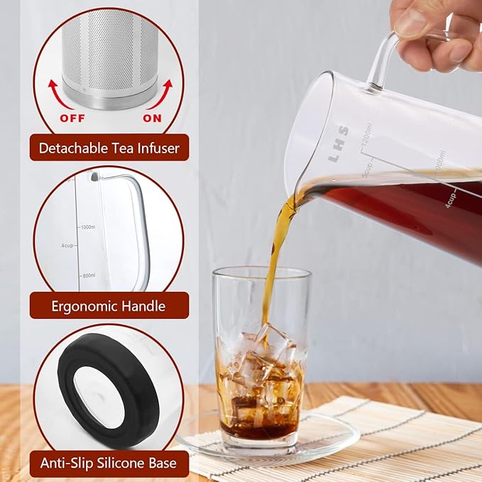 LHS Cold Brew Coffee Maker 2 in 1 Iced Coffee Maker, Glass Pitcher with Lid- 1.2Liter / 40oz, Stainless Steel Filter Removable and BPA-Free Glass Carafe for Iced Coffee, Cold Brew Tea, Juice