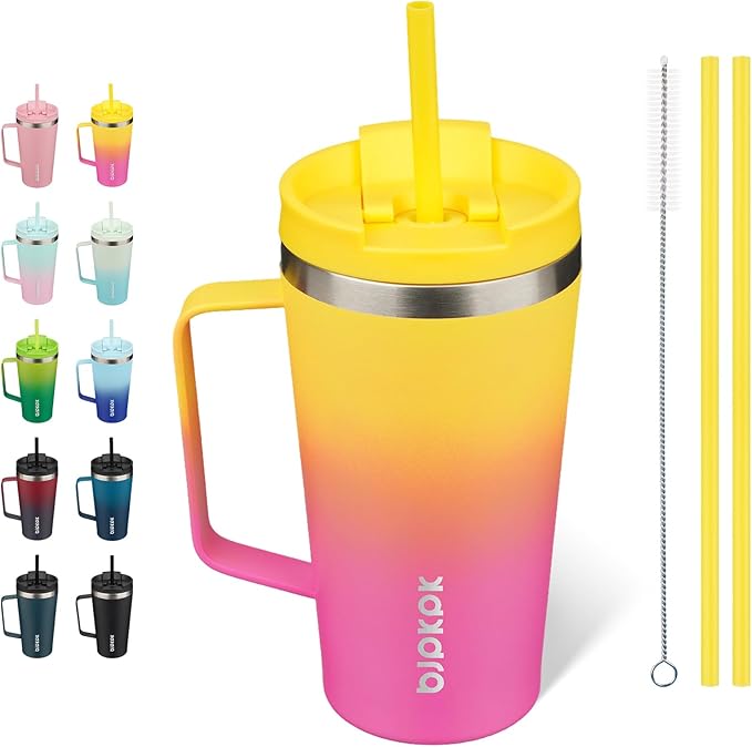 BJPKPK Insulated Tumbler with Handle, 18oz Insulated Tumblers with Lid and Straw, Stainless Steel Metal Water Bottles, Coffee Travel Mugs, Cups, Pink & Yellow Rose
