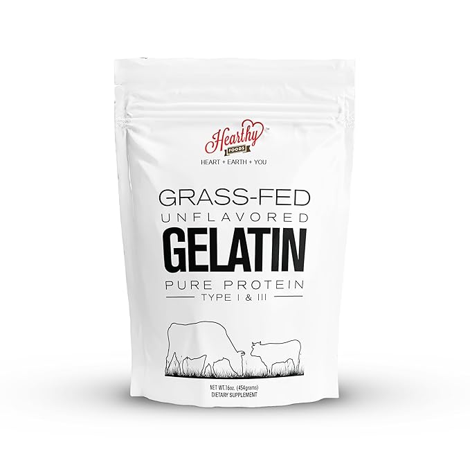 Hearthy Foods Beef Gelatin Powder Unflavored Gelatin Powder for Women and Men | Keto and Paleo Friendly Pure Protein Type 1 & 3, Grass-Fed Halal Certified, Non-GMO, Kosher Gelatin | 16 oz. 454g