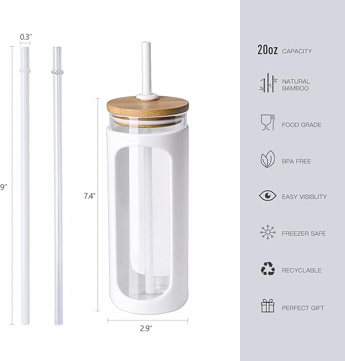 Kodrine 20oz Glass Tumbler with Straw and Lid, Bamboo Lids Water Bottle, Reusable Iced Coffee Cups, Wide Mouth Smoothie Cup with Protective Silicone Sleeve BPA FREE-White-2pack