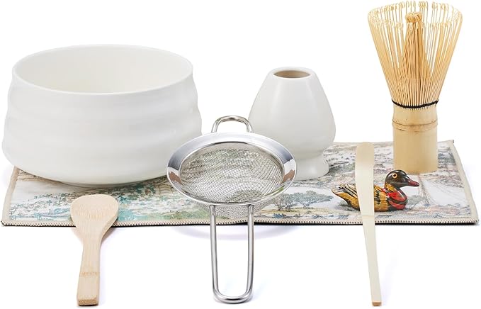 Japanese matcha set, matcha whisk and bowl, matcha sieve, matcha whisk holder, and matcha spoon - 8pcs Matcha Set (white)