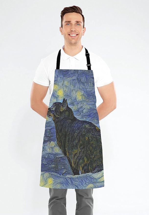 Apron for Women and Men, Oil Painting Galaxy Cat Adjustable Kitchen Chef Apron for Cooking Baking - Cute Birthday, Anniversary, Mother's Day Apron Gifts for Mom Wife Girlfriend Aunt Grandma