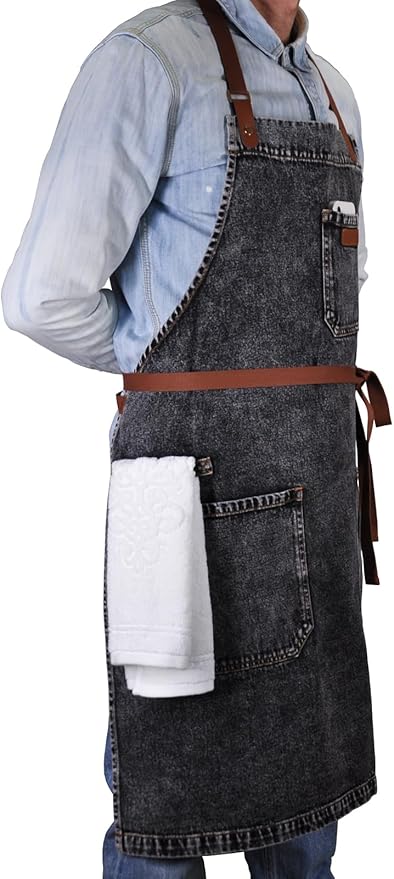 Denim Apron with Pockets, Mens Womens Professional Black Kitchen Bib Apron for Chef Cooking Grill BBQ, with Towel Loop and Adjustable Neck Straps