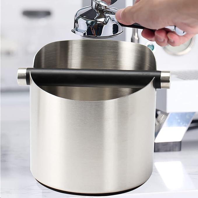 Coffee Knock Box, Espresso Knock Box Stainless Steel Espresso Machine Accessories with Removable Knock Bar and Non-Slip Base Coffee Grounds Container Bin, Large (Silver)