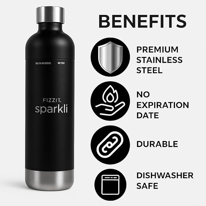 Fizzit Spärklï Carbonated Water Soda Maker with Stainless Steel Bottle Included,Dishwasher Safe (Sparkli-Black)