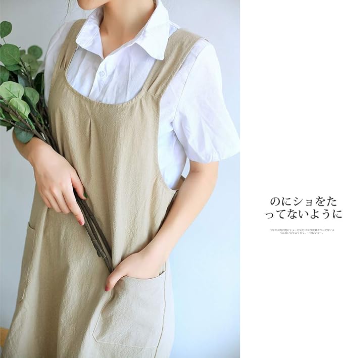NEWGEM Japanese Linen Cross Back Cooking Aprons for Women Men with Pockets Cute for Baking Kitchen