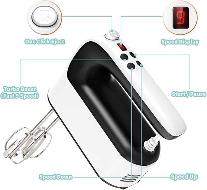 9-Speed Digital Hand Mixer Electric, 400W Powerful DC Motor, Baking Mixer Handheld with Snap-On Storage Case, 5 Stainless Steel Accessories, Flat Beaters, Dough Hooks, Whisk (White & Black)