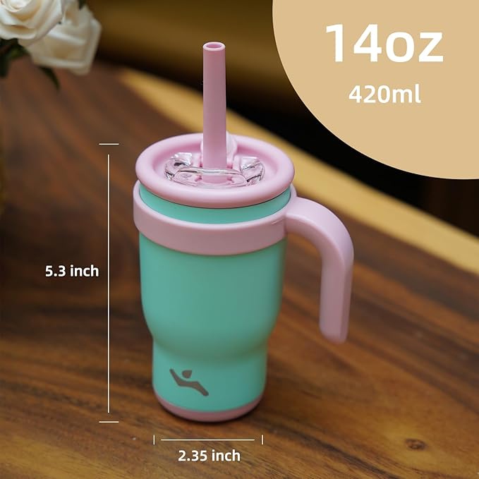 14 oz Tumbler with Side Handle, Insulated Water Bottle with Straw and 2 in 1 Lid, Stainless Steel Cup Travel Coffee Mug for Sports Office Gym,Dark Blue