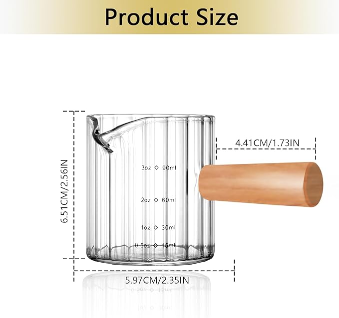 Espresso Measuring Cup 3 Oz, Espresso Glass Cups with Wood Handle, Milk Frothing Cup, Espresso Cup for Coffee, Milk, Tea or Maple Syrup Serving