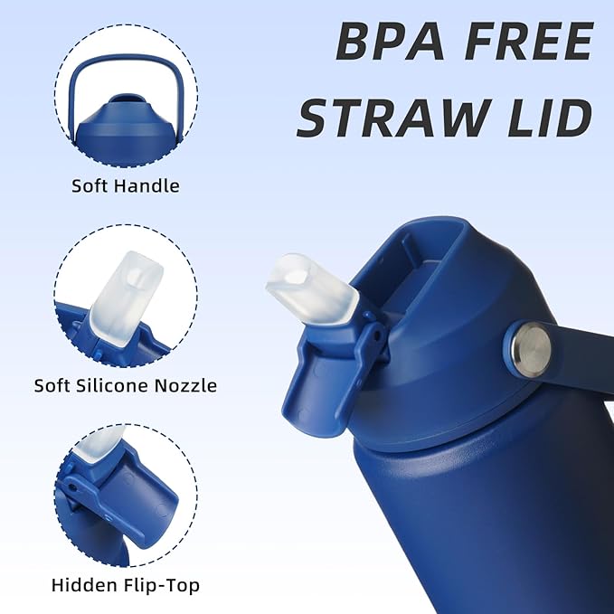 BJPKPK Insulated Water Bottle with Straw Lid, 12oz Thermos Water Bottles, Flex Handle & Non-slip Boot, BPA Free Leak Proof Stainless Steel Metal Thermos, Tumblers, Cups,Klein Blue