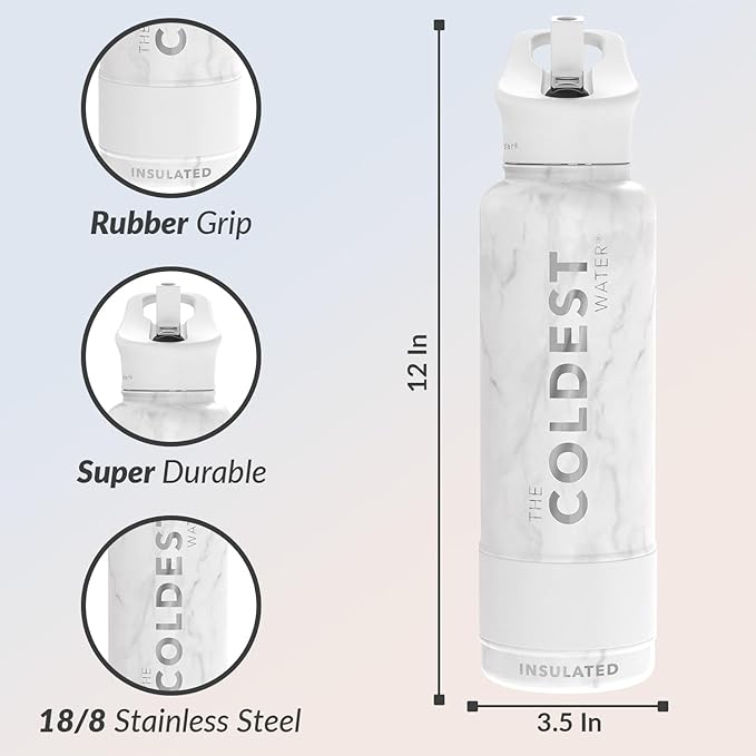 Coldest Insulated Water Bottle with Straw Lid - Stainless Steel Metal Insulated Bottle for Men & Women (Carrara Marble, 40 oz)
