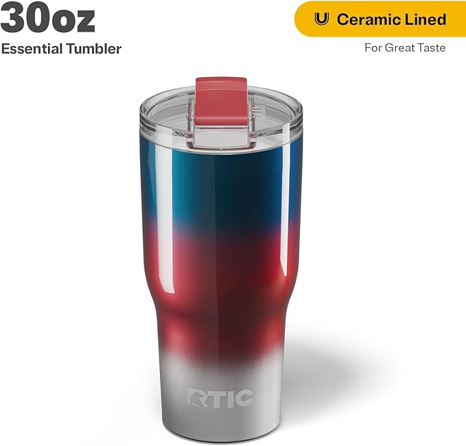 RTIC 30oz Essential Tumbler with Lid, Ceramic Lined, Insulated, Stainless Steel, Metal, Double Wall Vacuum-Insulation, Travel Cup for Iced Coffee, Tea, Hot and Cold Drink, Patriot Metallic