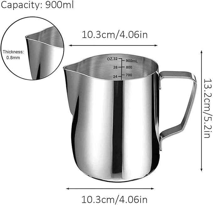 SIKEMAY Milk Frothing Pitcher Cup, 32oz/900ML Milk Frother Cup Stainless Steel Steaming Pitcher Milk Jug Coffee Latte Art Cappuccino Espresso Machine Accessories for Barista Steam Pitchers Tools