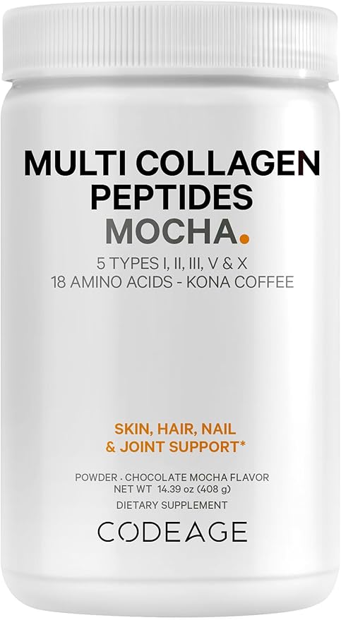 Codeage Multi Collagen Peptides Protein Powder - Chocolate Mocha Instant Coffee - Gourmet Knoa Coffee Drink & Shake - Collagen Type I, II, III, V & X - Grass-Fed, Hydrolyzed, Non-GMO - 14.39oz