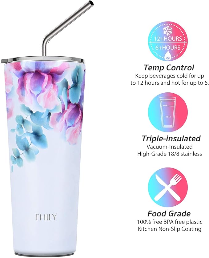 THILY Stainless Steel Vacuum Insulated Tumbler Travel Mug 26 oz Coffee Cup with 2 Lids and Straws, Splash Proof, Keep Ice Drinks Cold, Pink Lilies