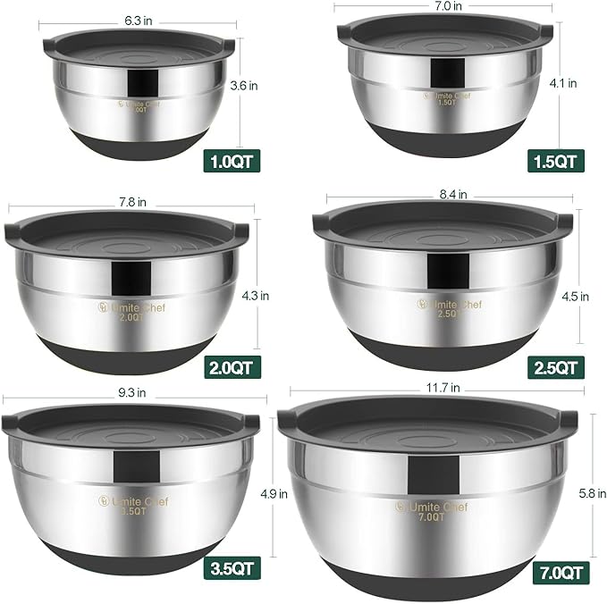 Umite Chef Mixing Bowls with Airtight Lids，6 piece Stainless Steel Metal Nesting Storage Bowls, Non-Slip Bottoms Size 7, 3.5, 2.5, 2.0,1.5, 1QT, Great for Mixing & Serving(Grey)