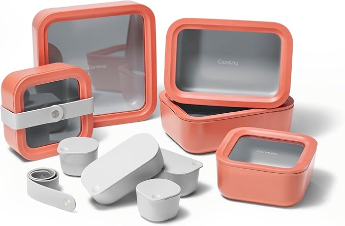 Caraway 14pc Glass Food Storage Container Set - Easy to Store, Non Toxic Lunch Box - with Glass Lids - Includes Storage Organizer & Dot & Dash Inserts - Perracotta