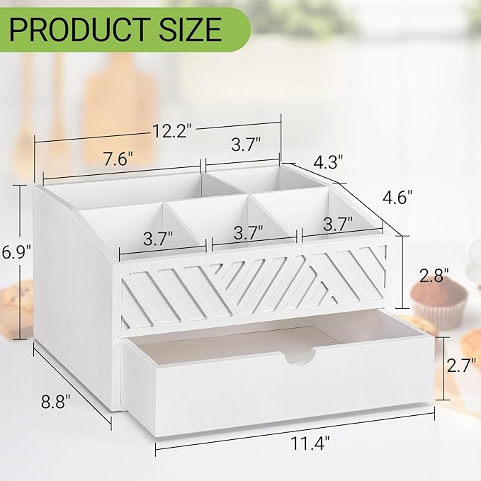 Farmhouse Wooden Coffee Bar Organizer - Countertop Station With Drawer, Pods Holder & Storage Basket