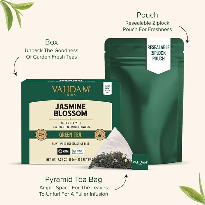 VAHDAM, Jasmine Green Tea Bags (100 Count) Med Caffeine, Non GMO | High Grown Green Tea Blended w/Pure Jasmine Flowers | Resealable Ziplock Pouch