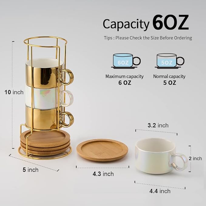 LUKA Porcelain Espresso Cup with Saucers and Metal Stand - 6 Ounce Stackable Ceramic Demitasse Espresso Mugs Cappuccino Cups Set for Latte, Coffee, Cafe Mocha, Tea - Set of 4,Shimmer Golden